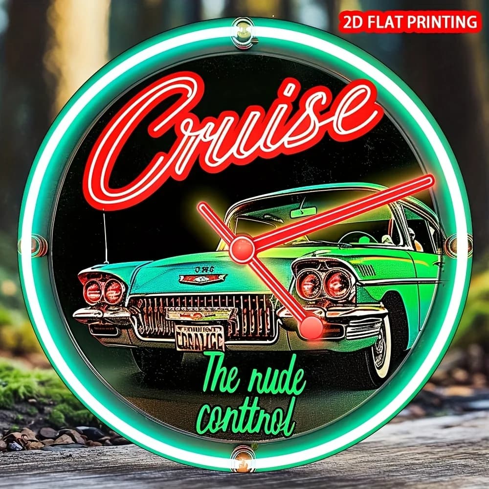 2D Flat, 1pc Vintage 1960s Retro Car & Cruise-Themed Neon-Style Clock Wall Sign - Turquoise & Red Cursive Cruise Lettering, Dura