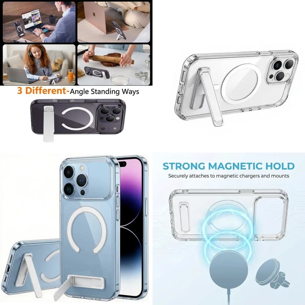 Slim Magnetic Clear Case with Foldable Holder Stand MIL Grade HD Transparent for iPhone 15 16 17 14 13 12 mini 11 Pro Max Plus