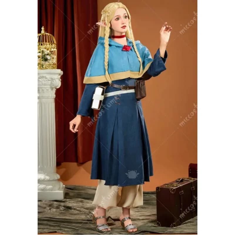 Miccostumes Costume cosplay Marcille Donato da donna Abito blu Scialle con pantaloni e borse Premium Ver