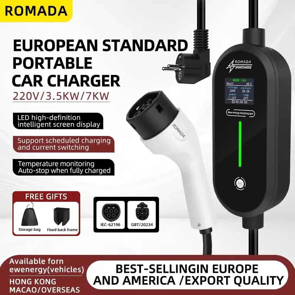 ROMADA Caricatore portatile EV 3,5KW 16A, cavo 3M-20M GBT20234 Type2 IEC62196 – Spina UE, adattatore EVSE Wallbox per EV, cavo durevole