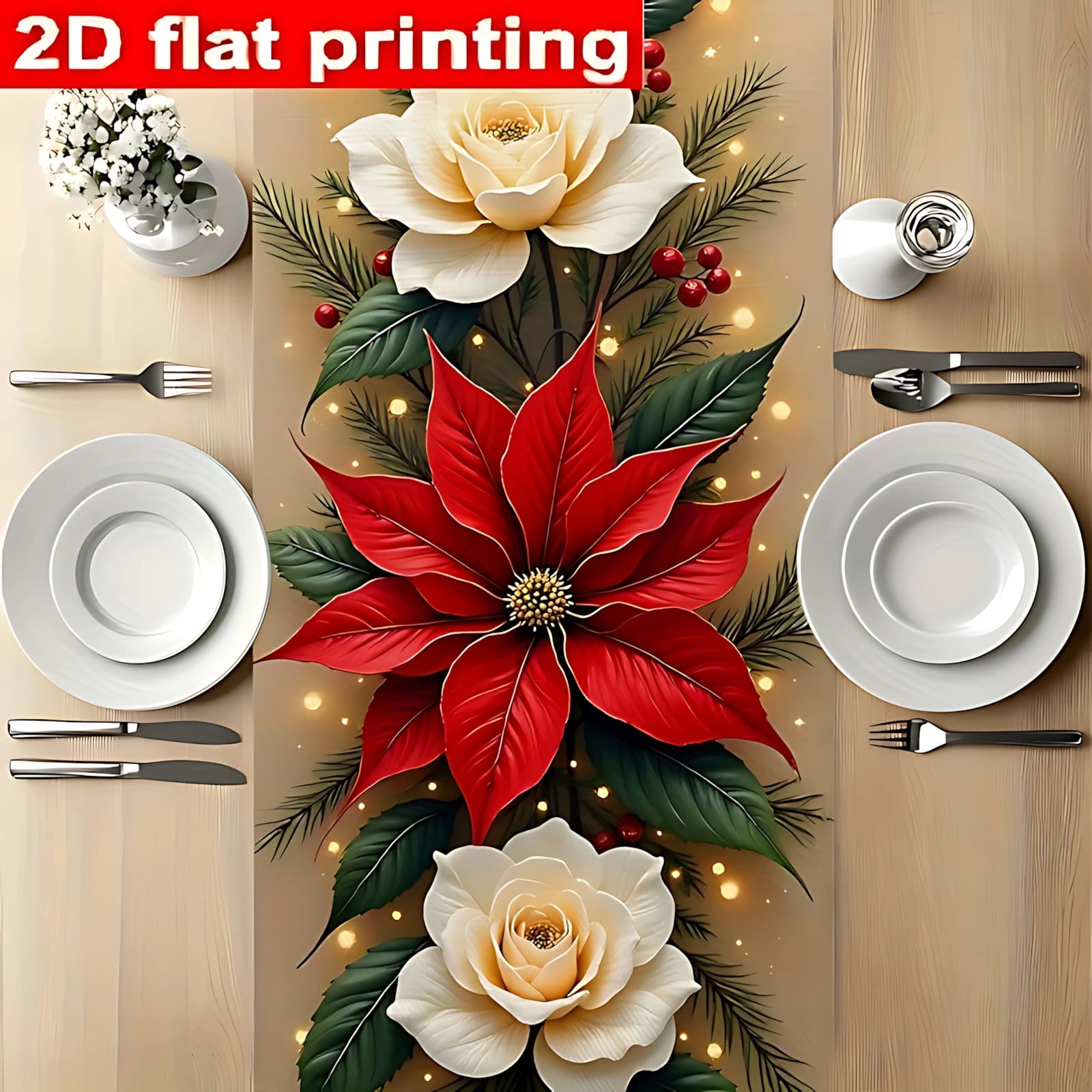 Elegante Runner da Tavola Bianco con Rose e Pini, Stampa 2D su Poliestere, Decorazione per Sala da Pranzo