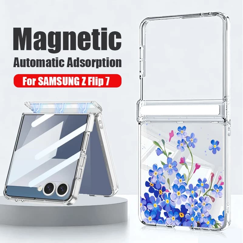 Custodia con stampa di fiori colorati per Samsung Z Flip 7 FE 6 5, cover magnetica trasparente in PC per telefono pieghevole Samsung Z Flip7 Flip6
