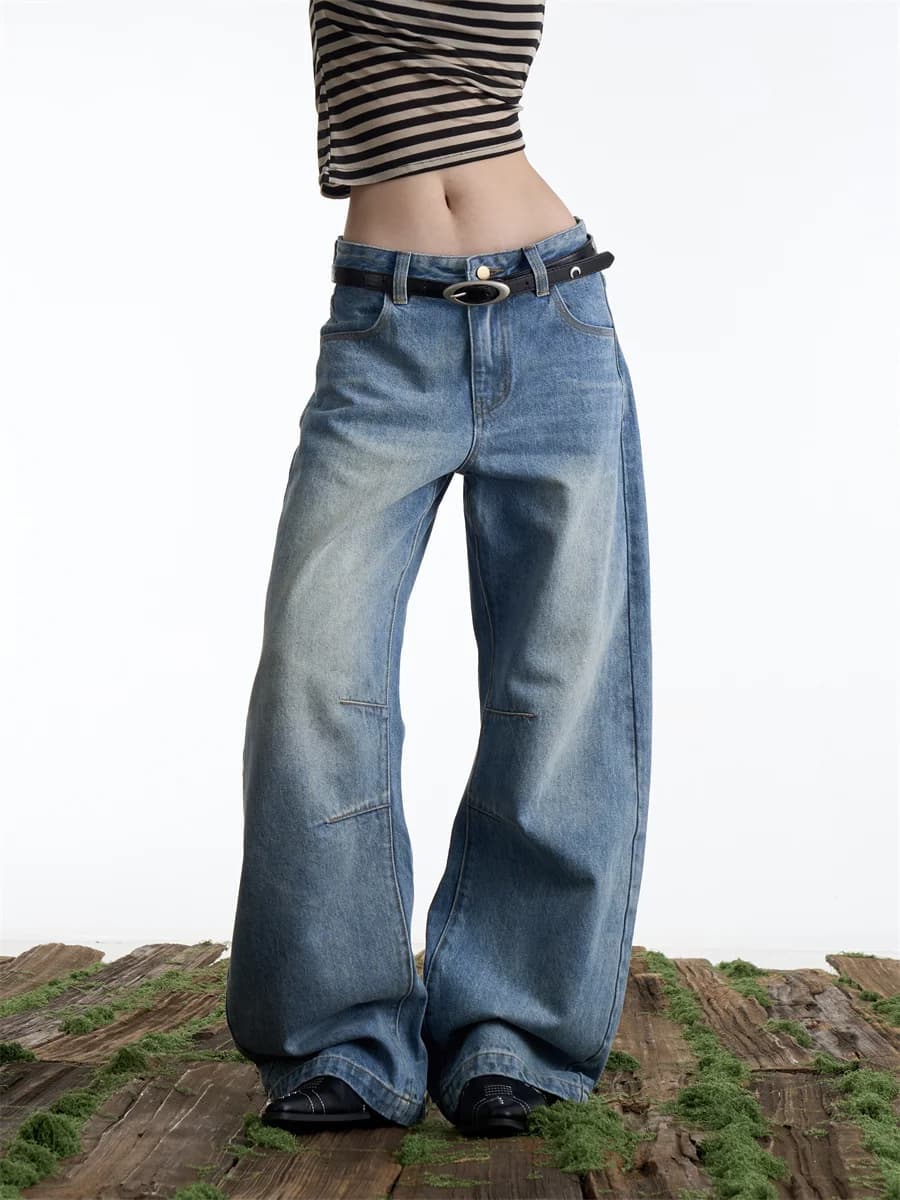 Jeans American Style Vintage Lavato Effetto Usurato da Donna, Gamba Larga Dritta, Pantaloni Lunghi Versatili