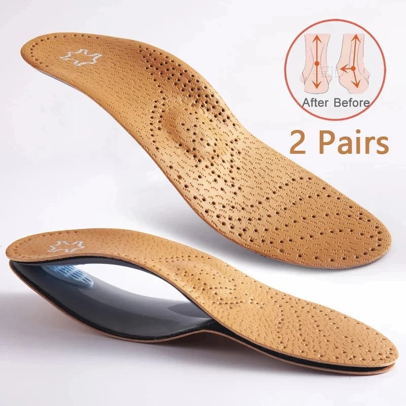 2Pairs Unisex Leather Orthopedic Insole Orthotic Arch Support Flat Foot Shoe Pad PU Latex Antibacterial Active Carbon Foot Care
