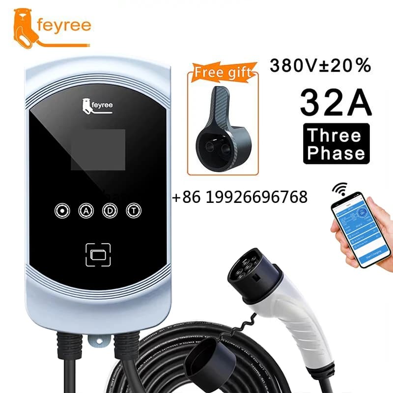 Stazione di Ricarica EV Feyree 22KW Wallbox per Auto Elettriche, Trifase 32A, Montaggio a Parete, con Supporto per Telefono