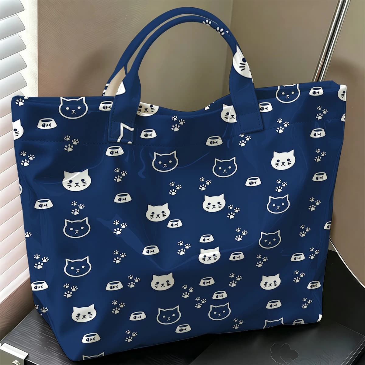 Cat Print Hot Sale Large Glossy PVC Tote Bag Hand Washable Waterproof Great for Travel Commute Makeup Storage Handbags