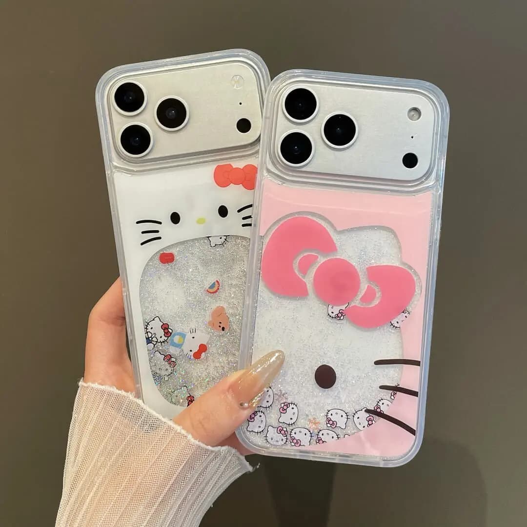 Rigid transparent phone case with liquid glitter and mobile sands, design cute cartoon Sanrio Hello Kitty, for iPhone 17 16 15 14 13 Pro Max