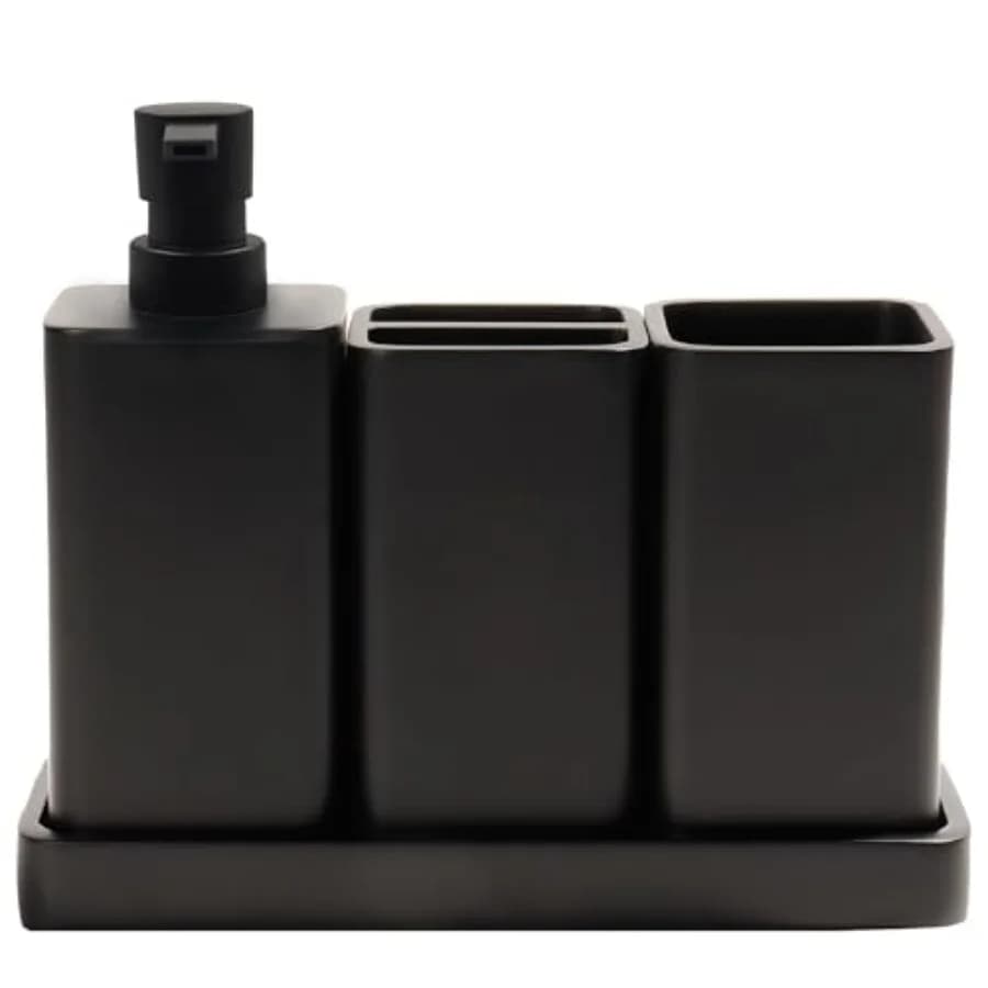 Set di Accessori per Bagno 4 Pezzi con Dispenser Sapone Nero Opaco, Porta Spazzolino, Porta Bastoncini Q-tip, Set Completo