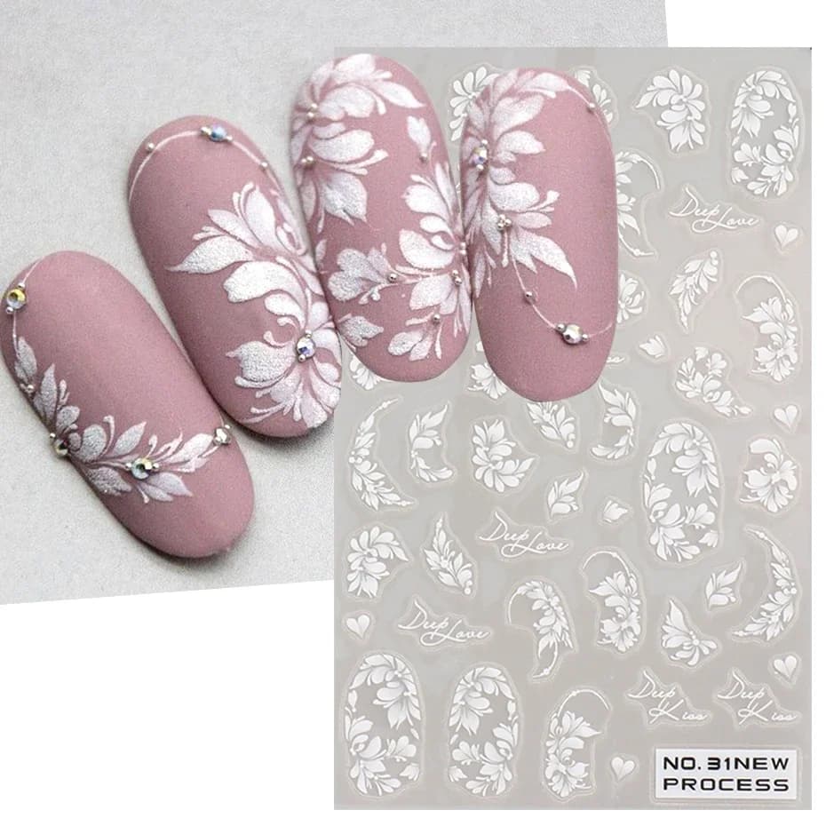 Adesivo per nail art con fiore in pizzo bianco Cursori adesivi con fascino floreale acrilico Elegante matrimonio Sposa Decalcomania per manicure dal design semplice della linea