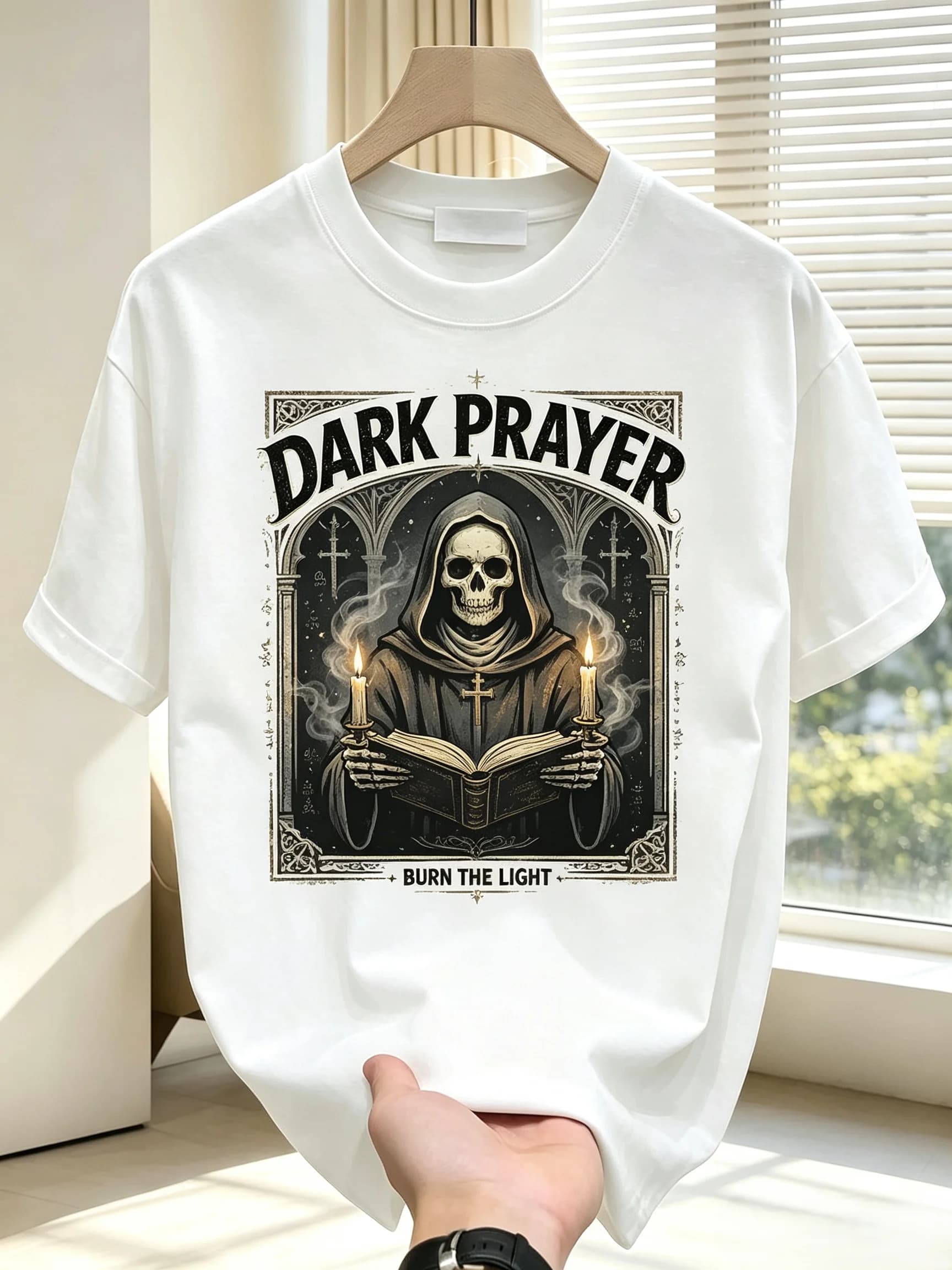 Unisex DARK PRAYER Grim Reaper Skeleton Monk Candle Cross Graphic T Shirt Men Women Burn The Light Gothic Dark Vintage Short Sleeve White Casual Tee