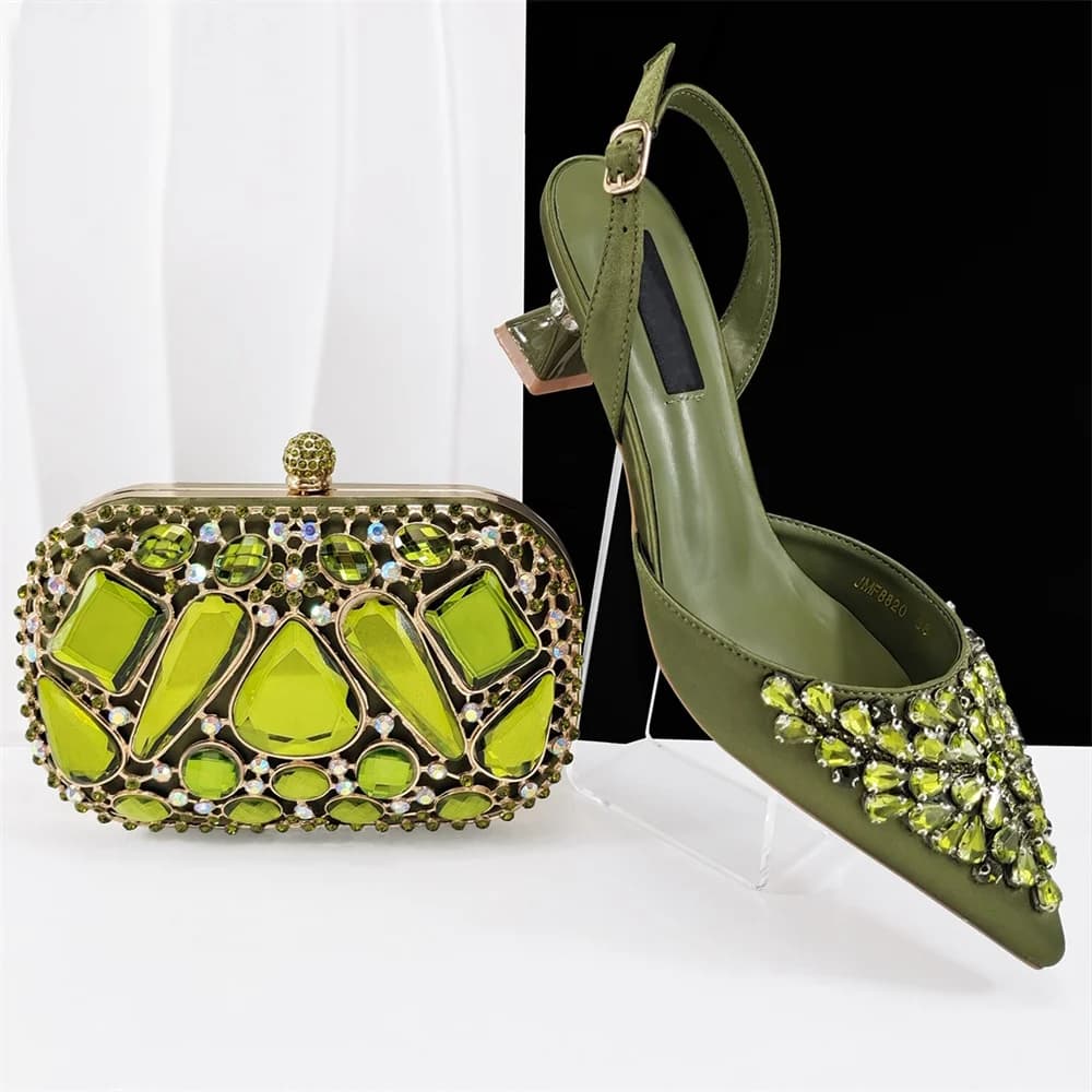 Sandali eleganti con strass alla moda, set di scarpe e borsette, scarpe da donna stile nigeriano e set di borse abbinate per la festa