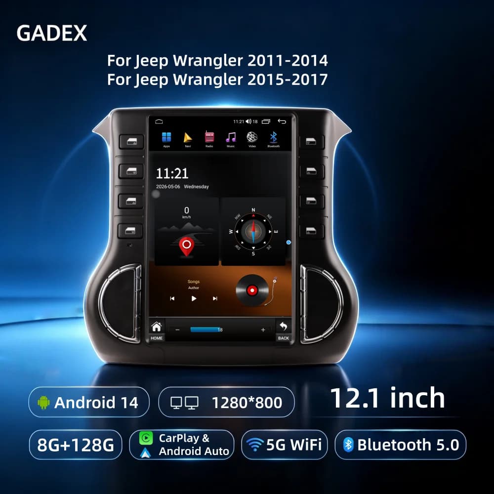 12.1 Inch Car Radio Stereo for Jeep Wrangler JK 2011-2017 Vertical Touchscreen Android 14 8G+128G Multimedia Player Head Unit with CarPlay Android Auto