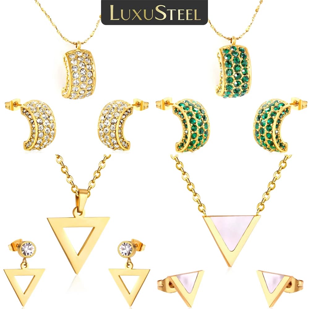 LUXUSTEEL C-Shaped Triangle Cubic Zirconia Pendants Necklace Earring Sets Stainless Steel Daily Wedding Women Jewelry Sets