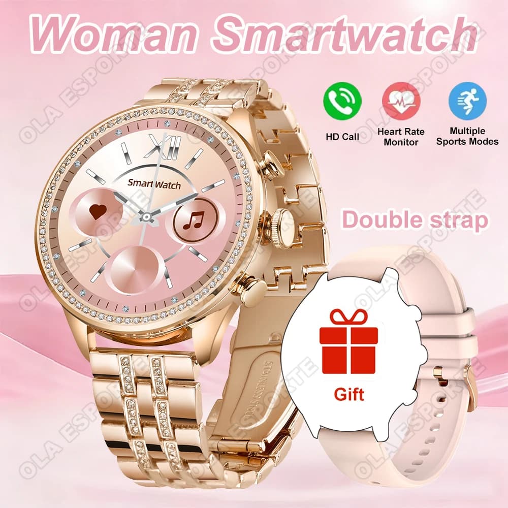 Women's smart watch with double strap, heart rate and sleep monitoring, wireless call, voice assistant, waterproof smartwatch for Android IOS