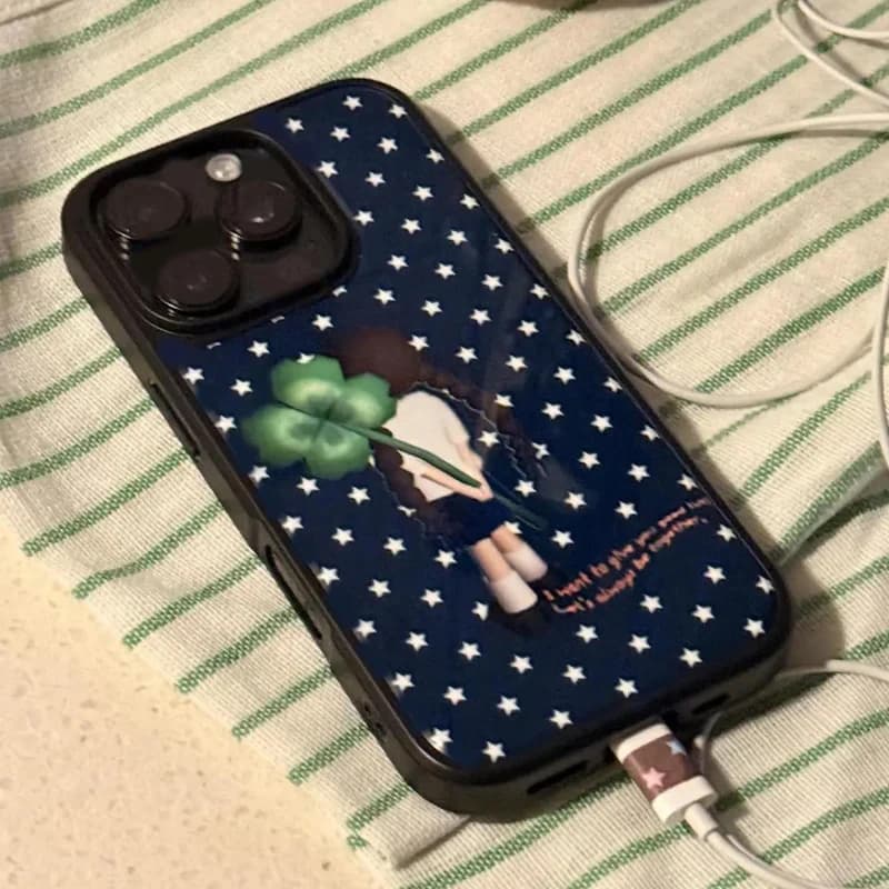 Giappone INS Stella Bianca Creativo Foglia Trifoglio Ragazza Cornice Nera Cassa Del Telefono Per iPhone 17 Air 16 15 14 13 12 11Pro Max Plus Y2K Copertura