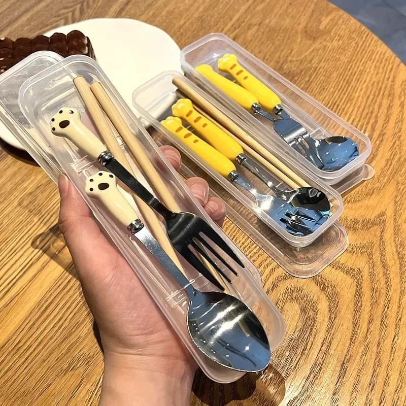 Bambini Cartoon animali posate cucchiaio in acciaio inox forchetta Set stoviglie per il pranzo all'aperto portatile con scatola accessori da cucina