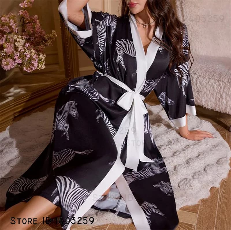 Abito lungo da donna di grandi dimensioni Kimono Accappatoio Abito Stampa Zebra Sleepwear Vestaglia per la casa Allentato Casual Camicia da notte in raso Pigiama