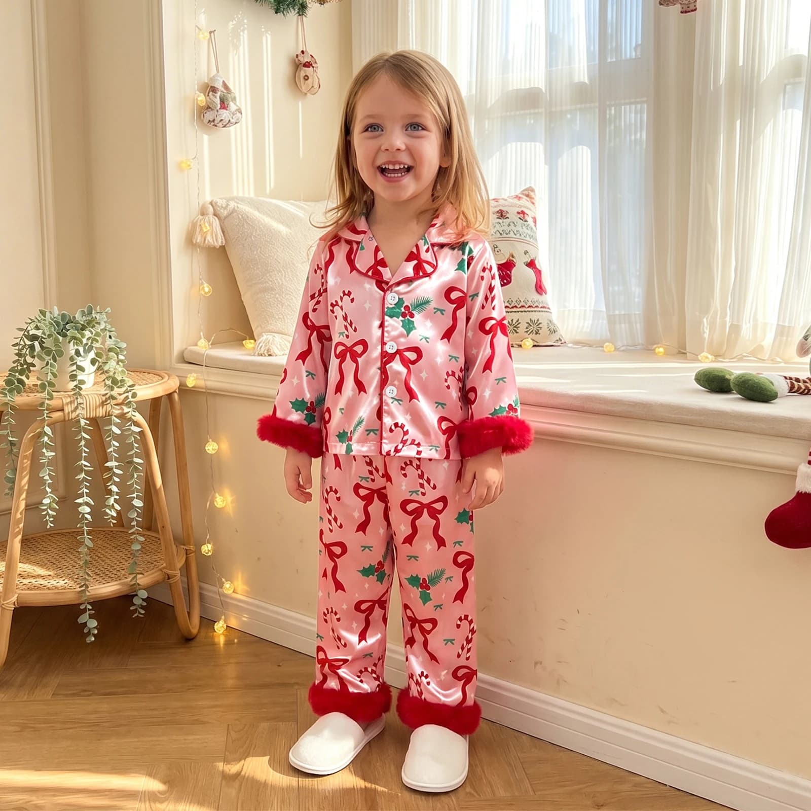 2027 Xmas Toddler Baby Girls Christmas Pajamas Set Adorable Bow Print Long Sleeve Lapel V Neck Satin Tops Elastic Waist Pants