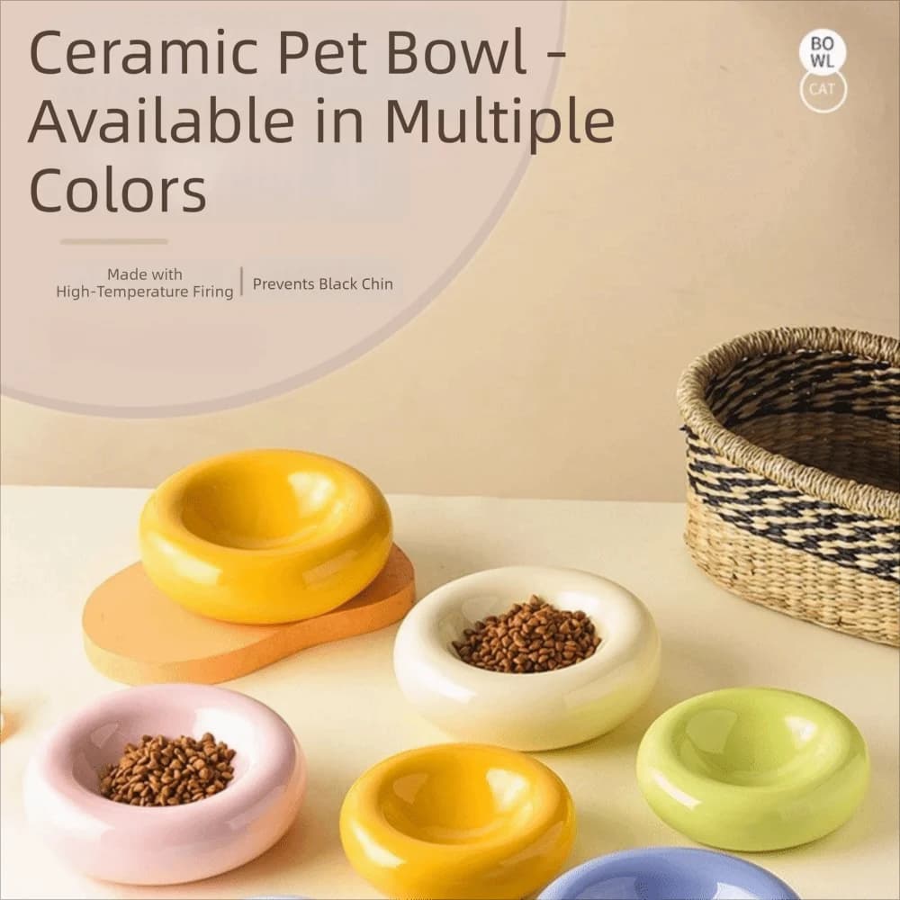 Minimalist High-Aesthetic Donut-Shaped Cat Bowl Smooth Large-Capacity Ceramic Cat Bowl Non-Slip Simple Pet Food Bowl Pet Feeding