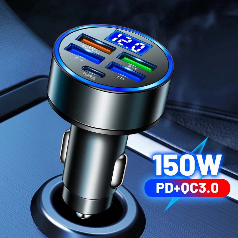 USB 5 Port USB Car Charger PD QC3.0 USB-C Quick Charging Car Phone Adapter for iPhone Samsung Huawei Xiaomi LED Display 12-24V