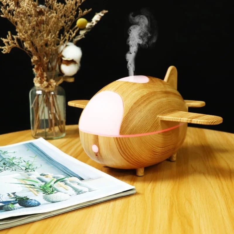 Wood Grain Base Air Humidifier Remote Control Airplane Shape Oil Diffuser with LED Night Light For Home Office