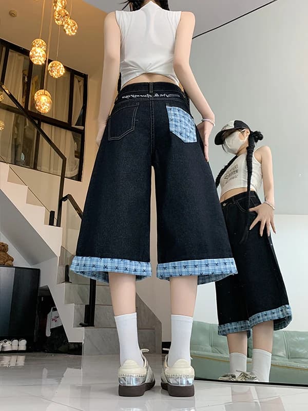 Pantaloncini in denim a quadri ricamati con nodo in stile americano da donna, estivi, larghi, a gamba larga, taglie forti, a sette quarti, a vita media