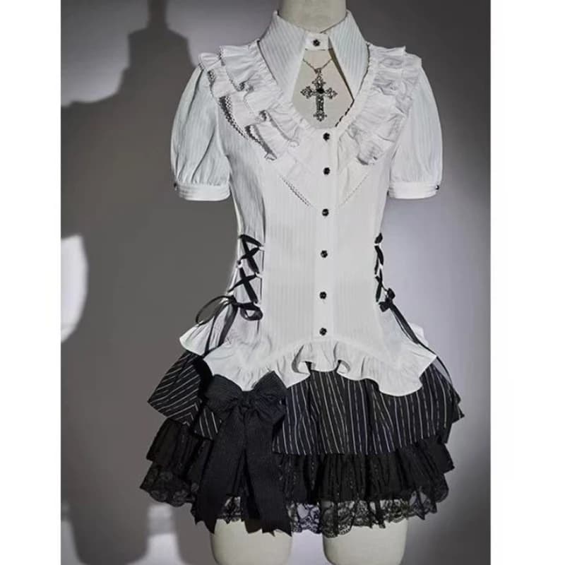 Set di 2 Pezzi in Stile Gotico Giapponese Lolita per Donne: Dolci Camicette Bianche con Lacci e Minigonne a Righe con Fiocco a Vita Alta, Outfit Kawaii Y2k