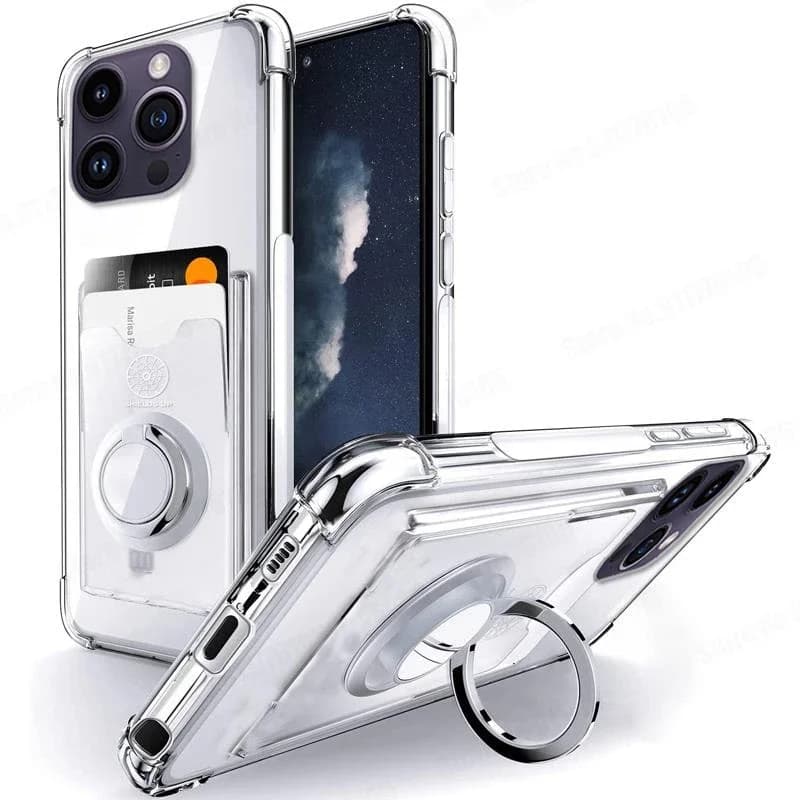 Shockproof Airbag Ring Holder Clear Phone Case for iPhone 16 Pro Max 16 Plus 15 14 13 12 11Pro 16E Card Slot Stand Soft Cover