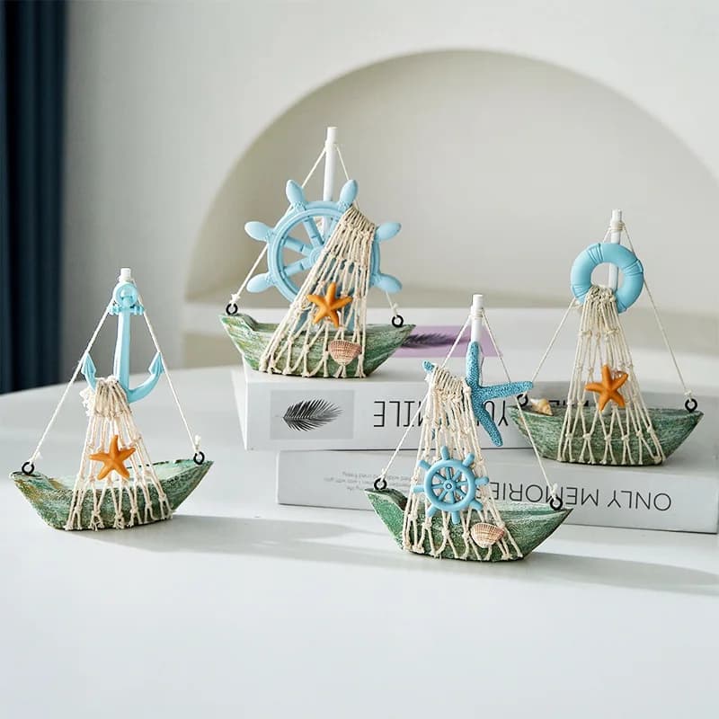 Retro Mediterranean Mini Wood Sailing Boat Ornaments, Handmade Net Boat Model Anchor Wheel Starfish Lifebuoy Desktop Home Decor