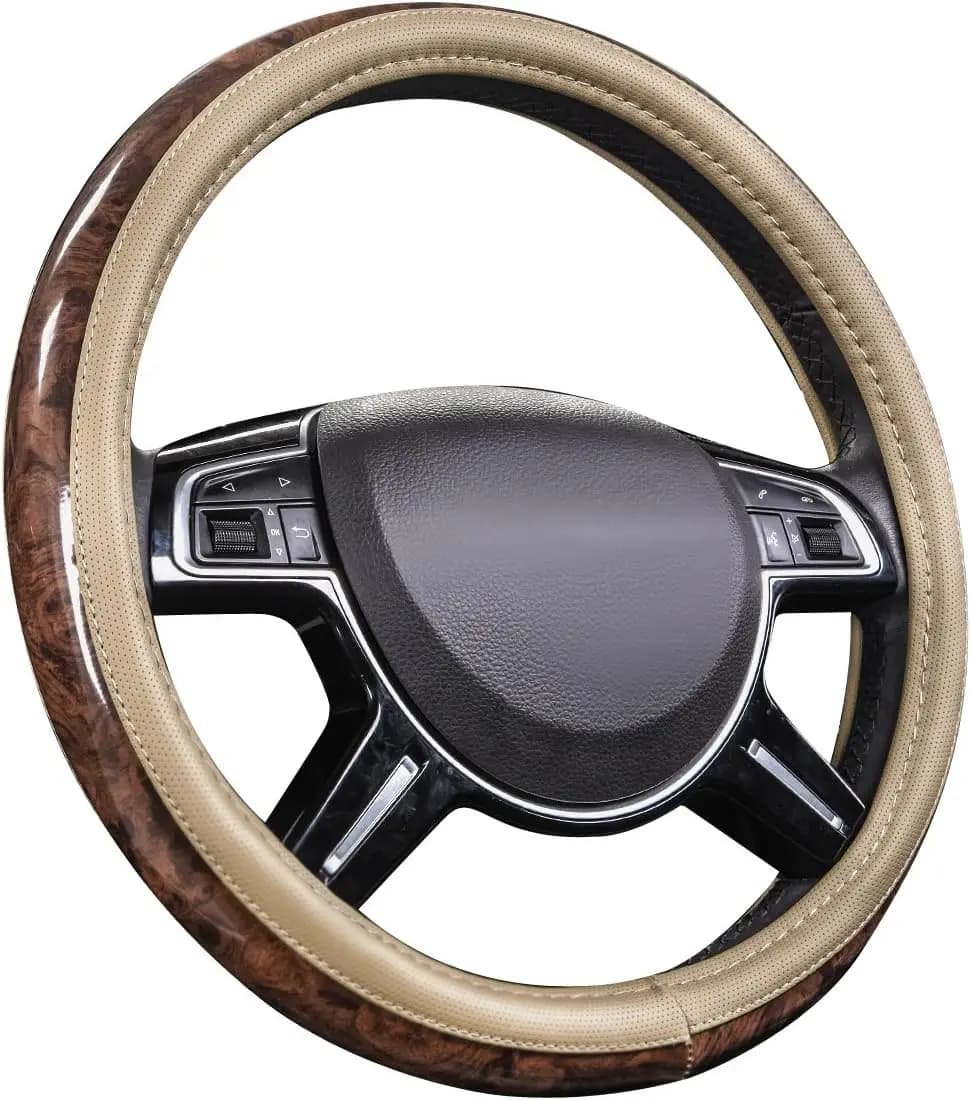 Microfiber Leather Cover Wood Effect 14.5-15 Inches, Universal Anti-slip Design for Most Cars, Beige