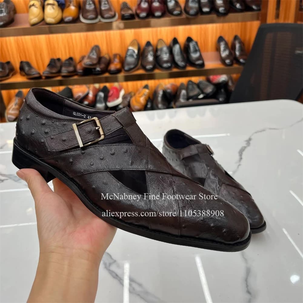 Brown Ostrich Print Monk Strap Leather Shoes Cross Straps Buckle Formal Luxury Elegant Business Wedding Party Dress Shoe for Men
