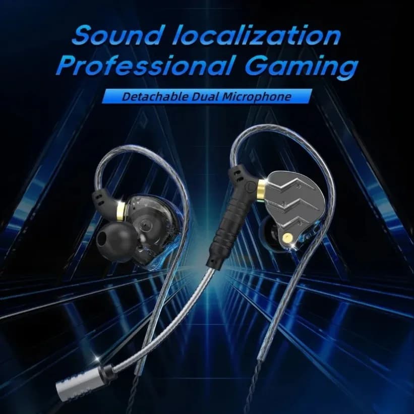 Gaming Headset Earbuds Wired Detachable Mic 11mm Ear Hook Stereo Sound Low Latency for PC Mobile Android Black