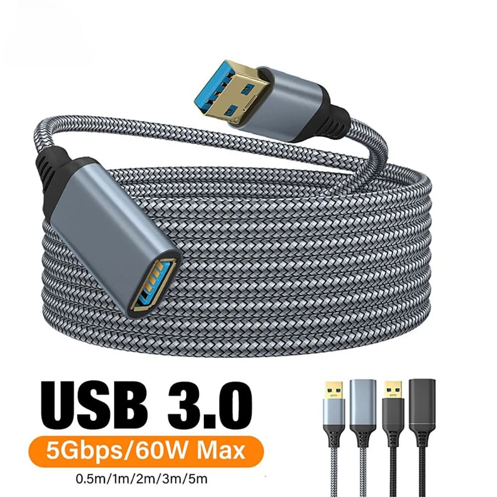 Cavo di prolunga USB 3.0 da maschio a femmina da 60 W, in nylon, per ricarica rapida e trasferimento dati a 5 Gbps, per laptop, TV, fotocamera, 0,5 m/1 m/2 m/3 m/5 m