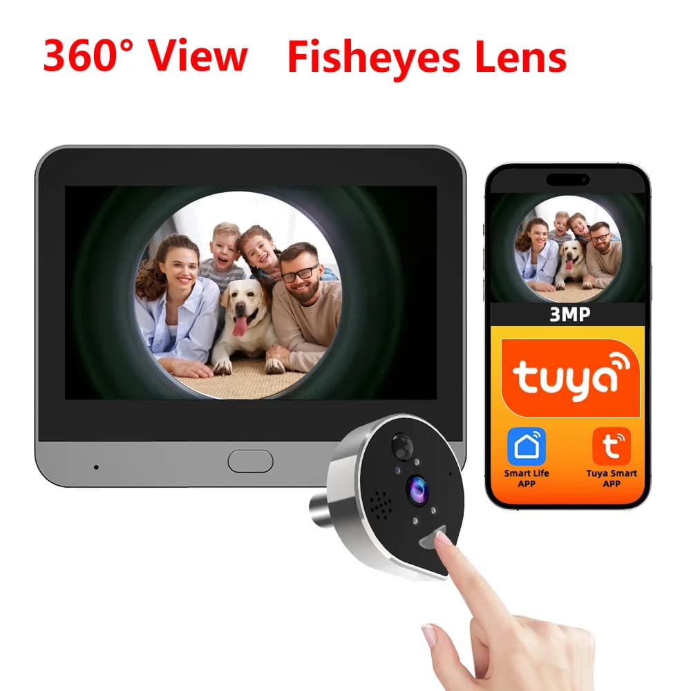Occhio di pesce 360 ° Obiettivo 3MP SmartLife Tuya WiFi Batteria PIR Rilevazione movimento IR Spioncino digitale per porta 1080P Campanello Spioncino per occhi
