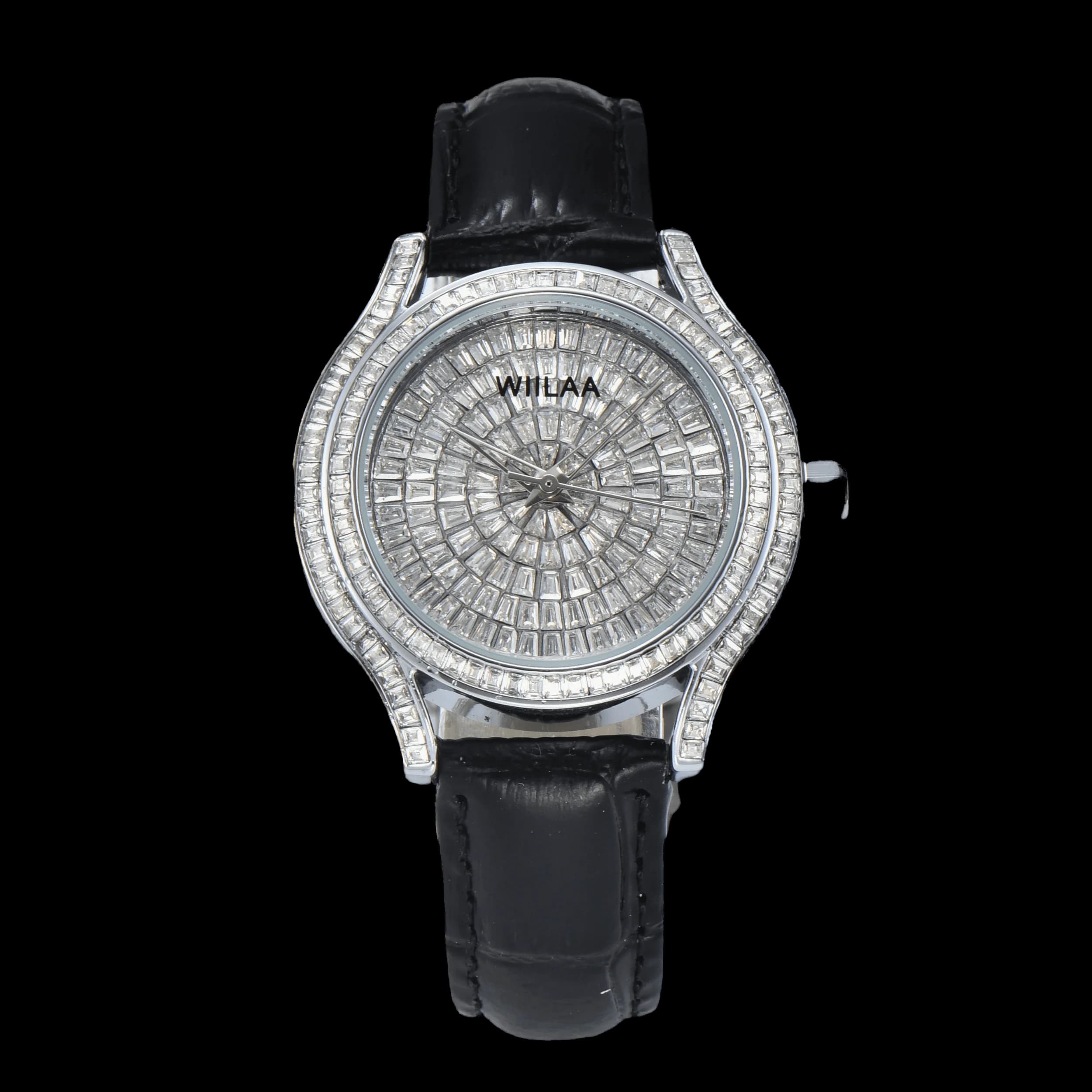 Orologio da Polso da Donna di Lusso WIILAA con Cristalli al Quarzo - Quadrante con Strass Baguette Completo, Cinturino in Pelle Nera, Orologio da Polso alla Moda per Donna