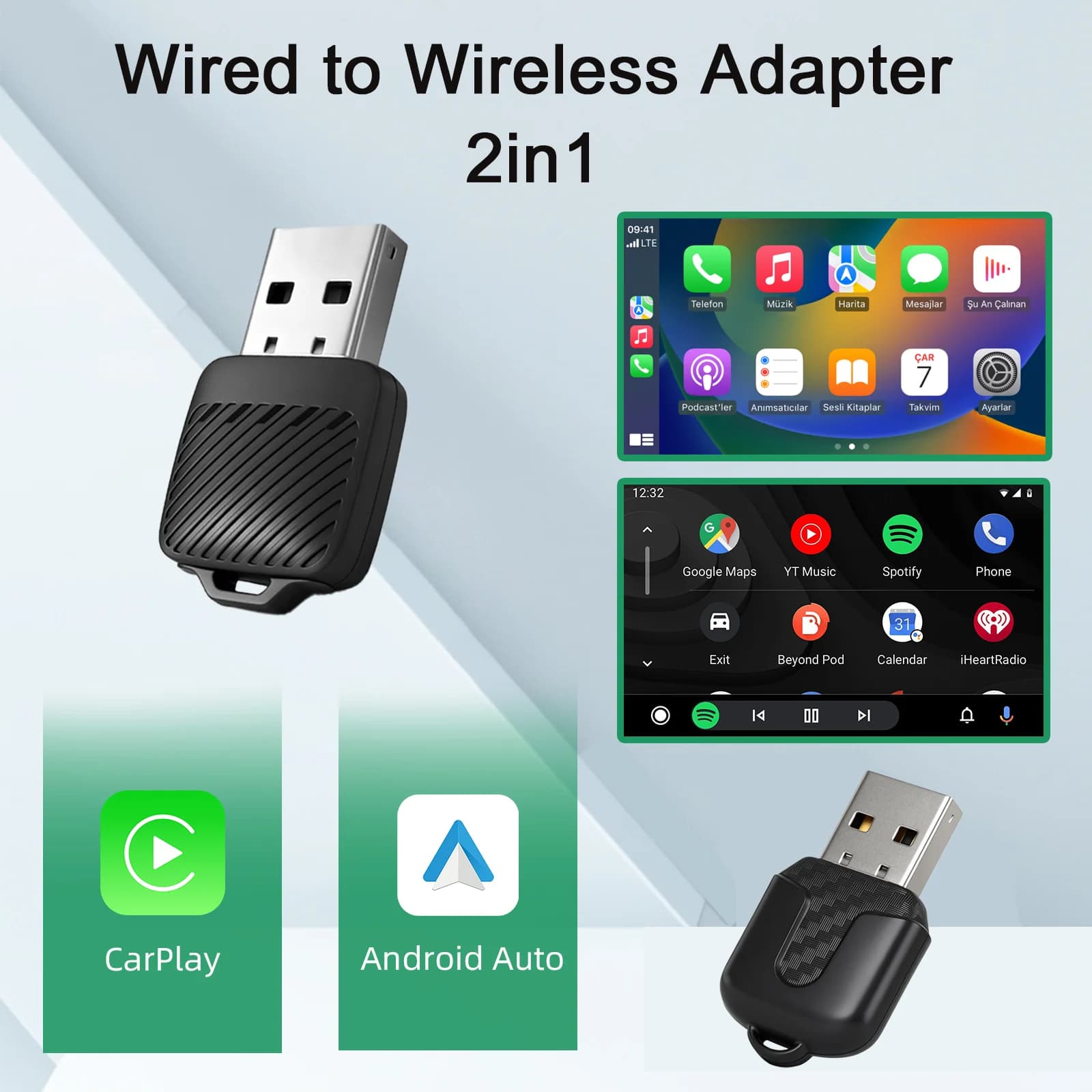 Ezonetronics 2 in 1 Wired to Wireless CarPlay Android Auto Adapter for OEM Car Stereo With USB Dongle Mini Box Plug and Play