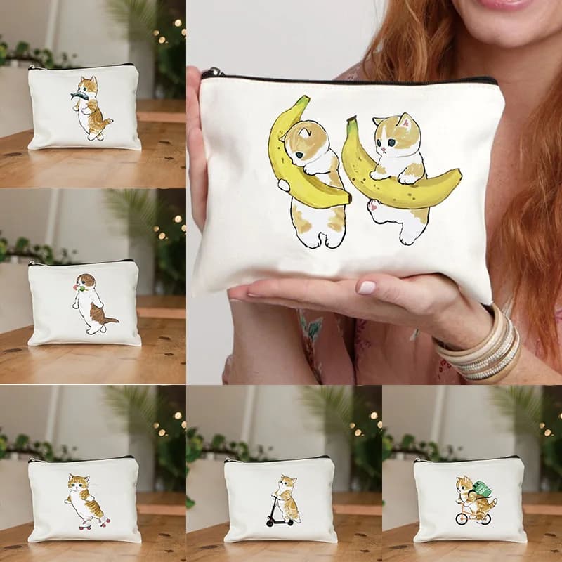 Astucci per cosmetici con cerniera con stampa divertente gatto Kawaii Borsa per cosmetici da viaggio Astuccio per cosmetici Borsa da toilette per donna Organizzatore per mini borsa per il trucco