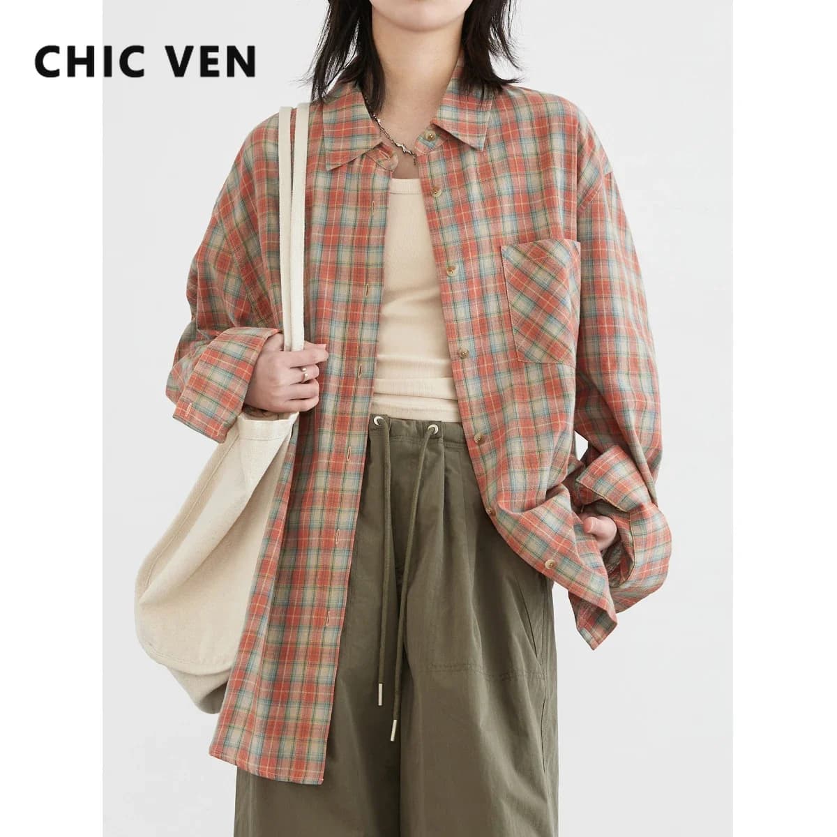 CHIC VEN Camicia da donna Allentata monopetto Casual in cotone a contrasto scozzese Top femminile Camicette di protezione solare Primavera Estate 2025
