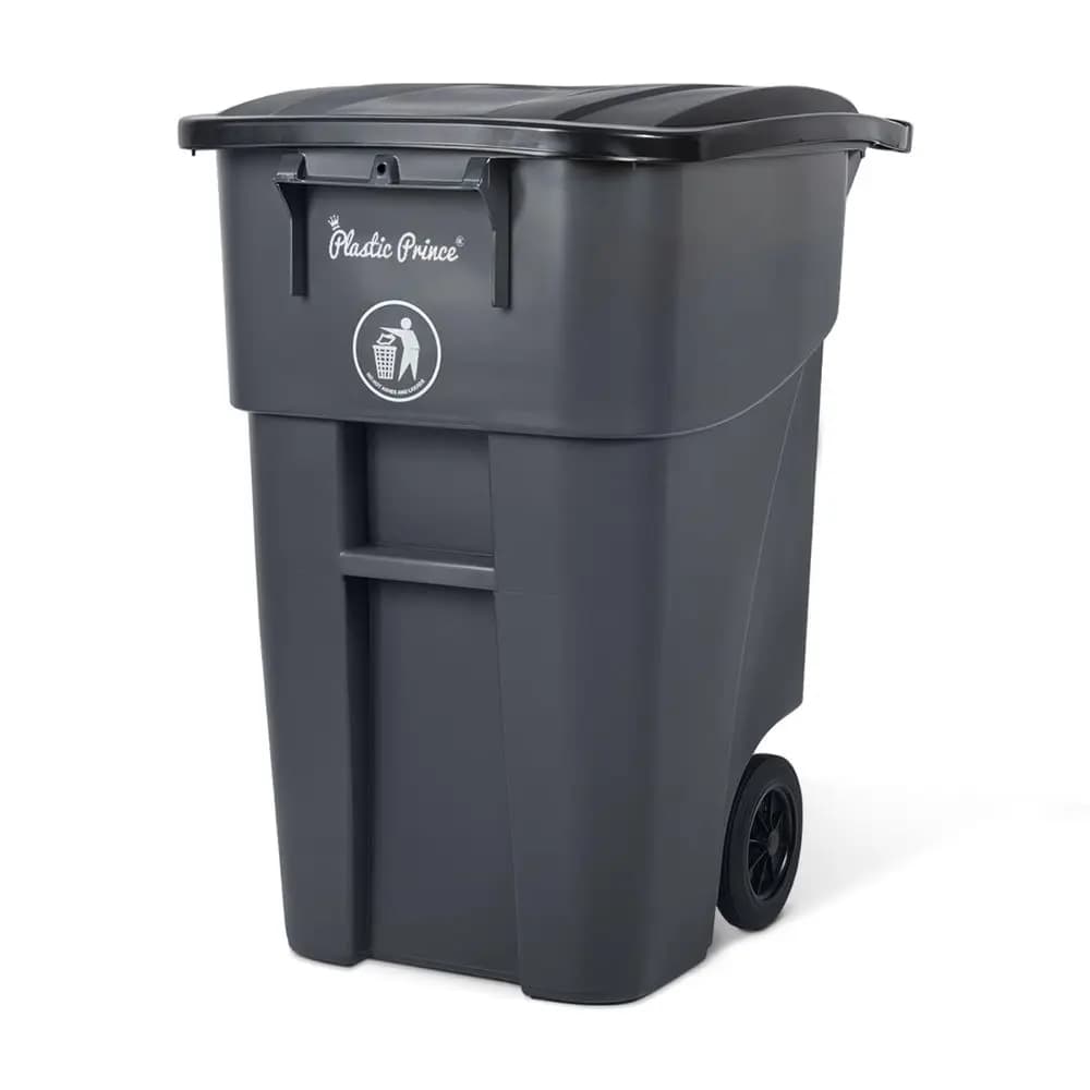 50 Gallon Trash Can, Gray Outdoor Garbage Can, Large Outside Trash Bin, Rolling Commercial Container, Outdoor Trash Can with Li