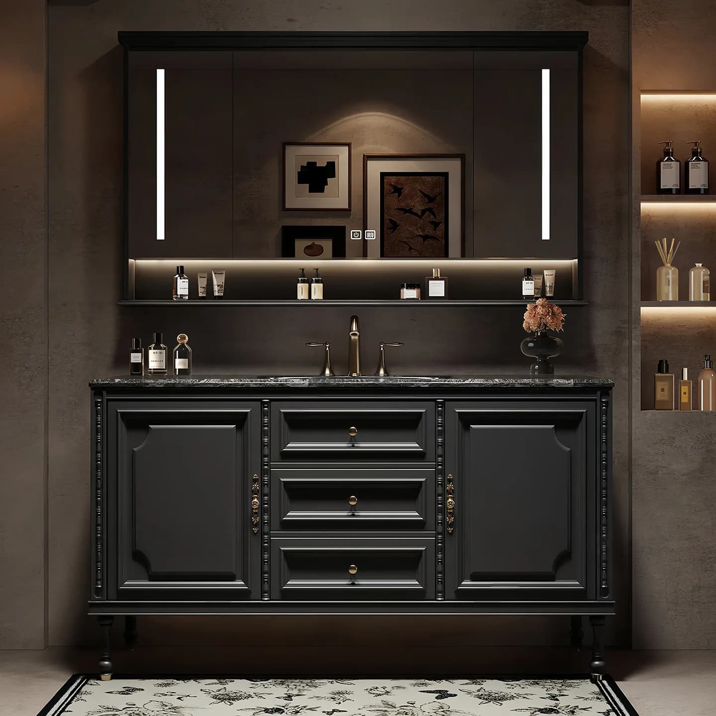Mobiletto da Bagno di Lusso con Specchio, Armadietto Contenitore, Organizzatore con Divisori, Archivio, Arredamento di Tendenza