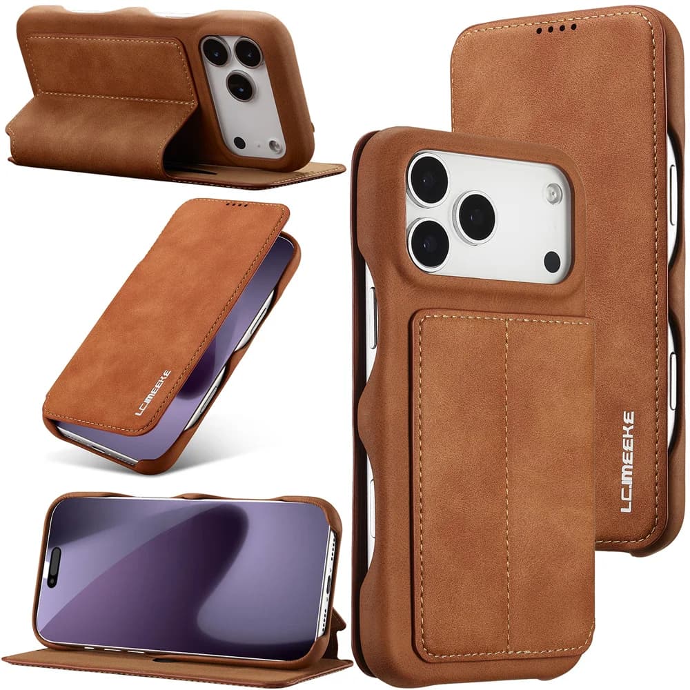 Magnetic phone case with leather wallet slot for IPhone 17 Air 16 Pro Max 14 15 Plus13 12 Mini 11 XS XR Cover with support
