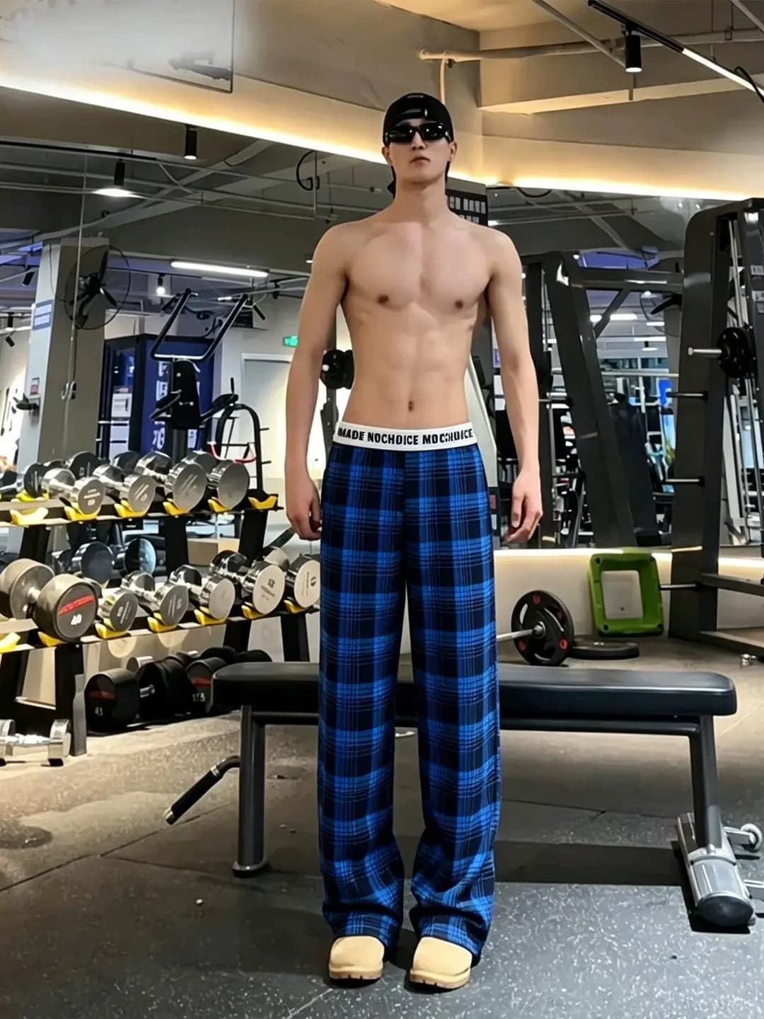Blue Plaid Fitness Running Pants Men Women Loose Wide Leg Casual Straight Leg Trousers Summer Letter Waist Belt Splicing