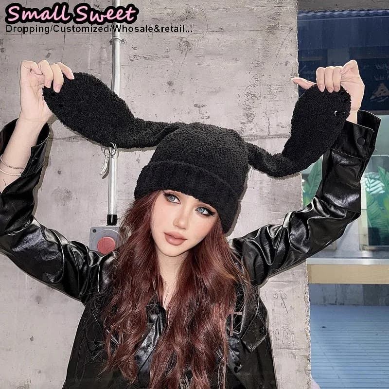 Gothic Lolita Y2K Beanie Hat Donna orecchio da coniglio Autunno Inverno Hip-hop coniglio soffice anello Carino a punta Pullover beanie cappelli di maglia