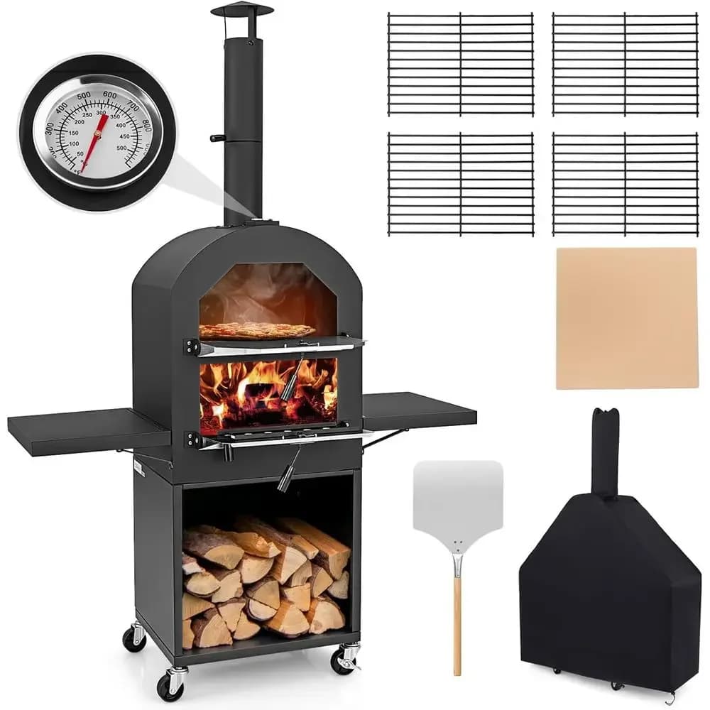 Pizza Oven Outdoor - Wood Fired Pizza Oven with 2 Side Tables, Pizza Stone, Pizza Peel, Cover, Cooking Grids, Pizza Maker on Whe