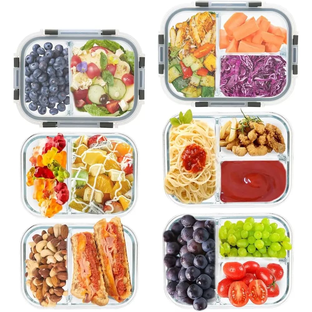 Contenitori per la preparazione dei pasti da 2 e 3 scomparti - Contenitori in vetro per la conservazione degli alimenti con coperchi, Bento Box, controllo porzioni, adatti per congelatore e microonde