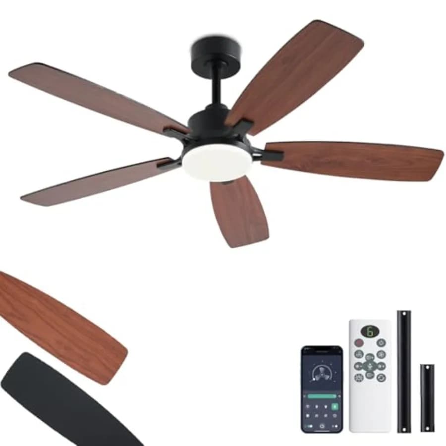 Ventilatori da soffitto con luci, ventilatore da soffitto a basso profilo con luce e controllo remoto/app, 2 aste di prolunga, motore DC reversibile, silenzioso, dimmerabile