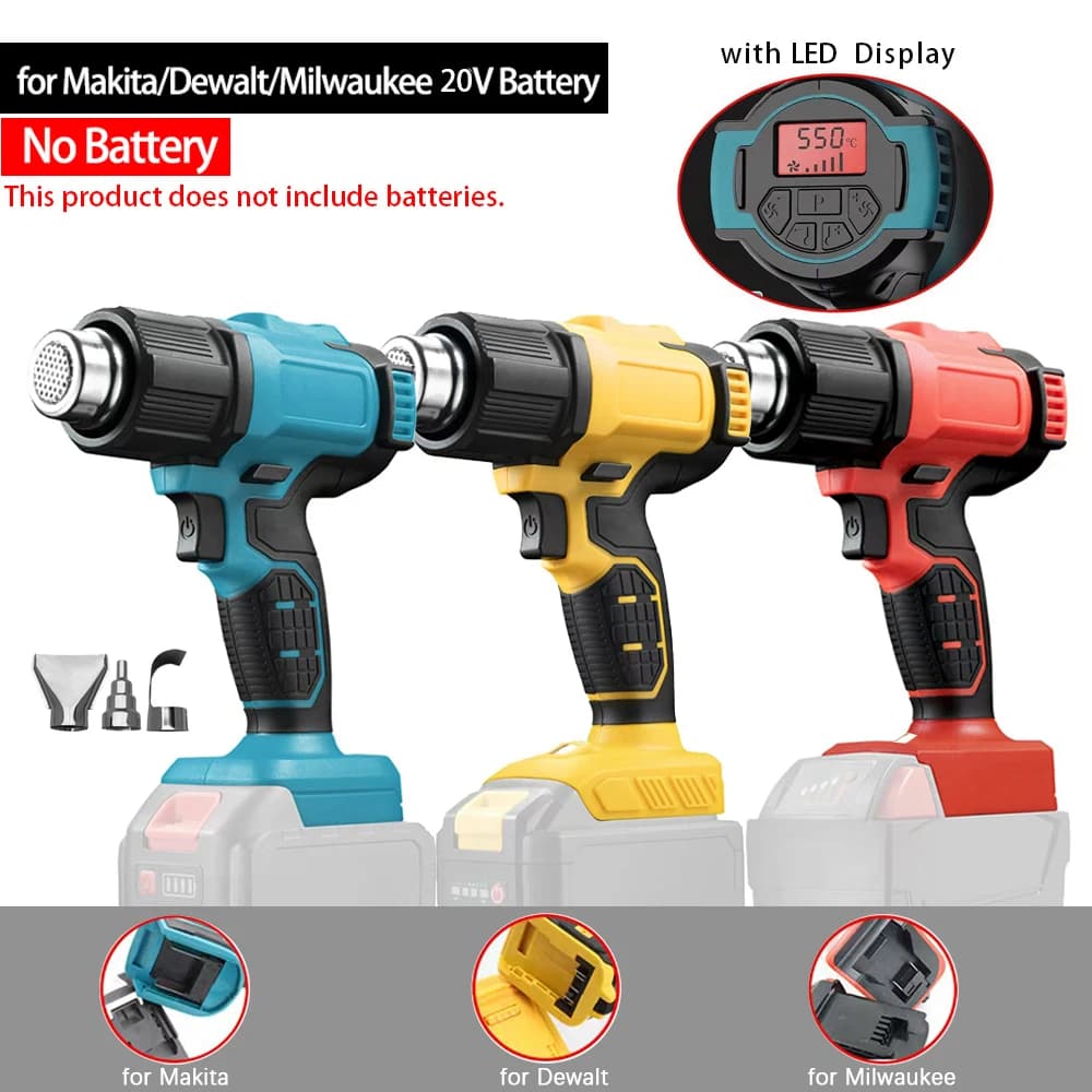 Hot Air Gun Adjustable Temperature Cordless Electric Heat Gun with Nozzles LED Display Fit Makita/Dewalt/Milwaukee 20V Battery