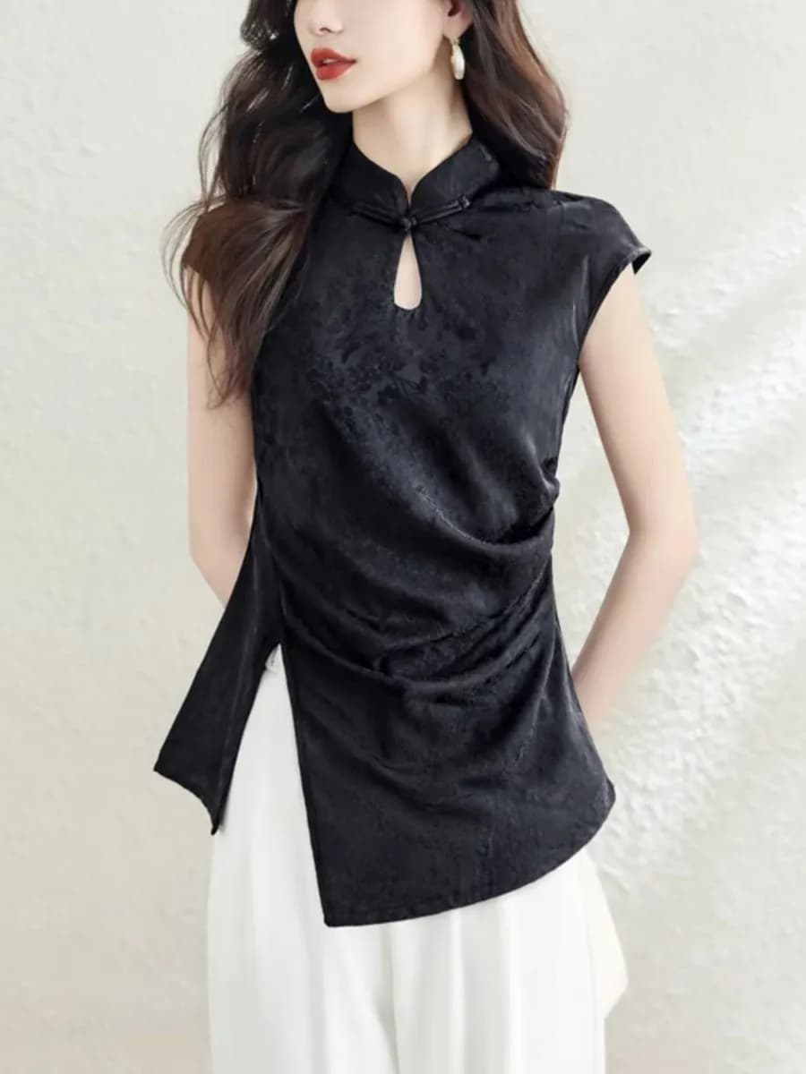 Top Casual da Donna in Stile Cinese con Colletto Ricamato, Senza Maniche, in Tessuto Satinato con Spacco Asimmetrico e Bottoni