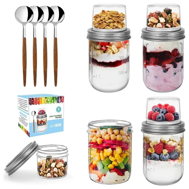 【A56X】4 Pack Overnight Oats Containers, (16Oz+5Oz) Glass Masonjars With Dry And Wet Separation For Cereal Nut Fruit Salad