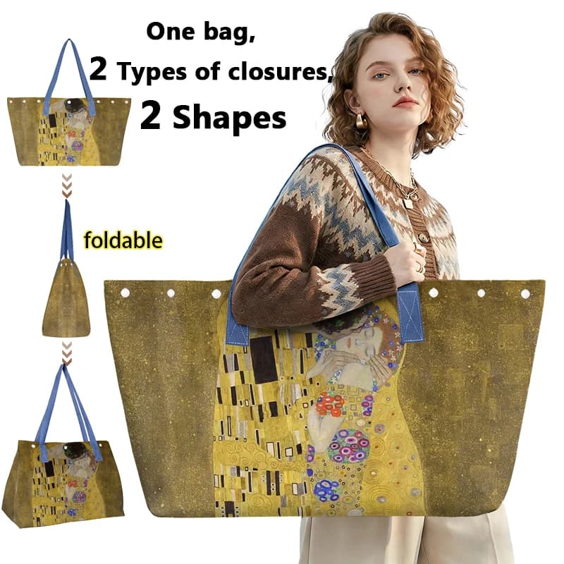 Foldable Women Handbag Oil Painting The Kiss Totes Bag Gustav Klimt Extra Large Capacity Storage Bags for Travel Ladie Beach Bag